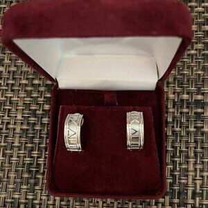 Vintage Solid 14K White Gold Roman Numerals Open Hoop Earrings